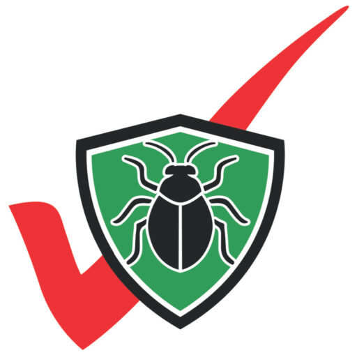 Protex Lawn and Pest Logo displaying a black cartoonish bug in the center of a green shield icon with a red check centered in the background.